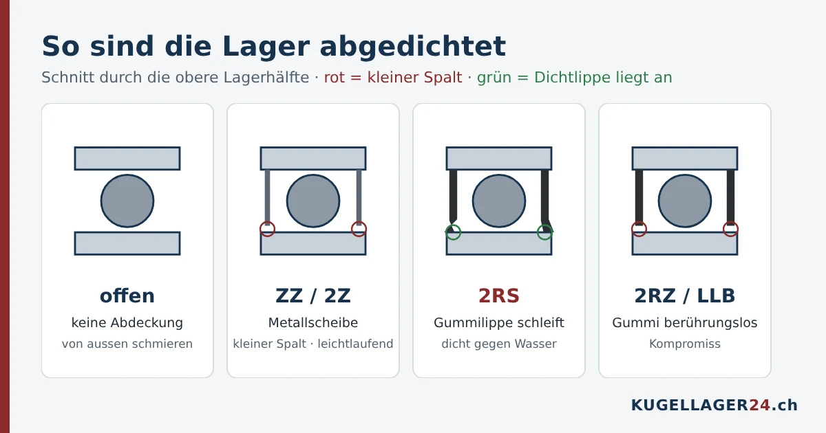 Schnitt durch Kugellager: offen, ZZ Metallscheibe mit Spalt, 2RS schleifende Gummilippe, 2RZ berührungslose Gummidichtung