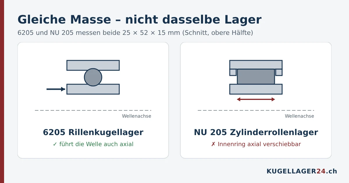 6205 Rillenkugellager und NU 205 Zylinderrollenlager haben gleiche Masse, aber nur das Kugellager führt die Welle axial