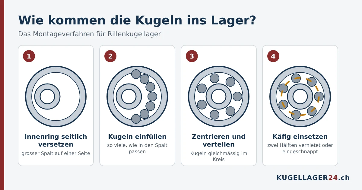 Wie die Kugeln ins Kugellager kommen: Innenring versetzen, Kugeln einfüllen, zentrieren, Käfig einsetzen