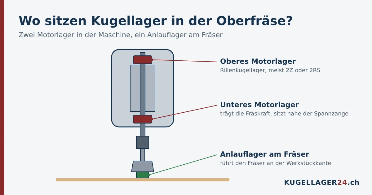 Kugellager in der Oberfräse: oberes und unteres Motorlager sowie Anlauflager am Fräser